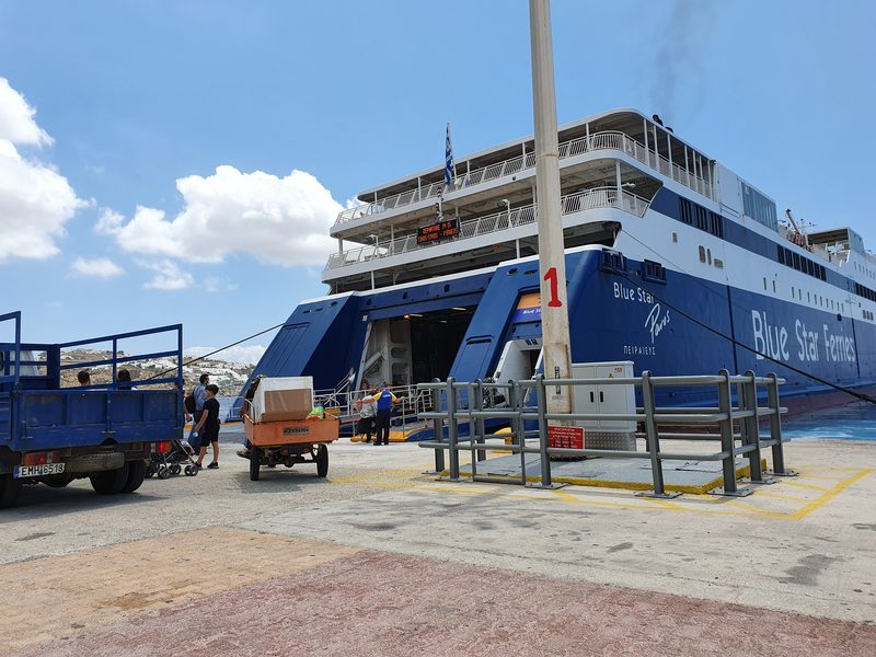 Passengers and vehicles boarding a Blue Star ferry at the new port in Mykonos