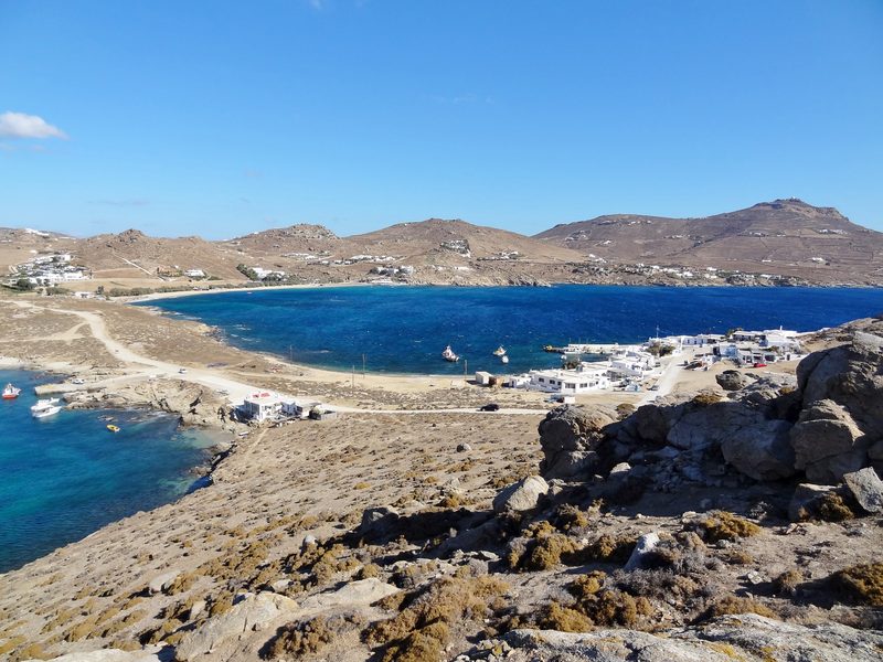 A narrow isthmus connects the Akrotiri Tarsanas to Kalafatis Beach in Mykonos, Greece.