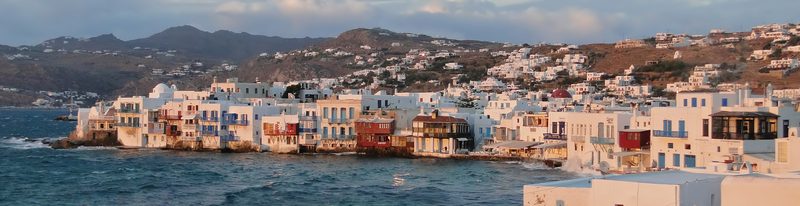 Colorful houses along the waterfront in Little Venice, Mykonos, Greece.