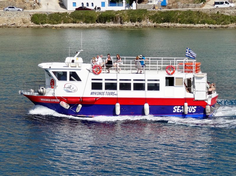 A ferry docked at the harbor of Tourlos on the Greek island of Mykonos.