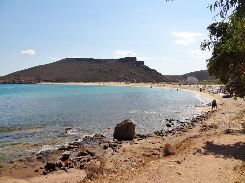 A serene beach scene at Panormos on the Greek island of Mykonos.