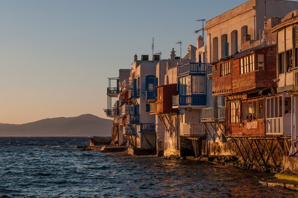 Sunset at Little Venice with the sea and balconies, Mykonos