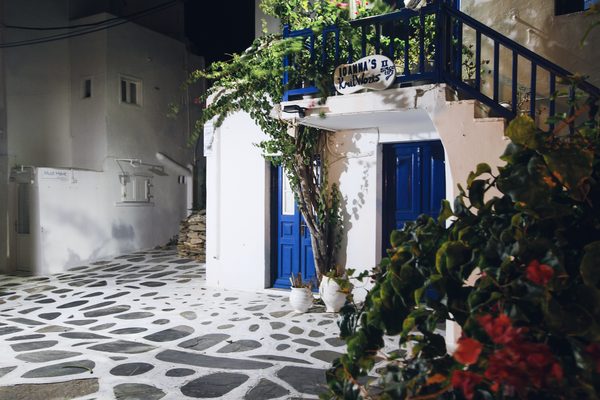The streets of Mykonos town illuminated at night