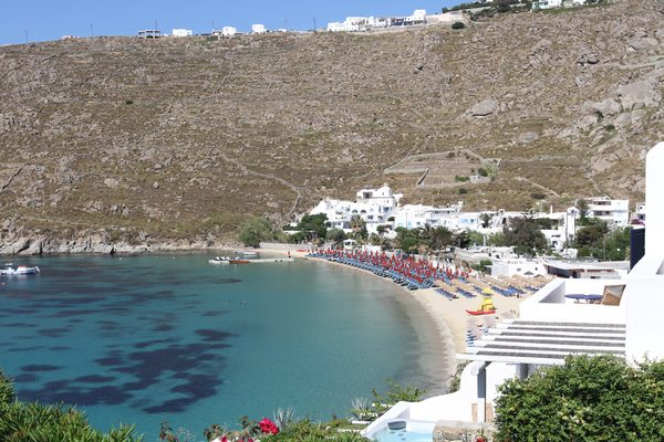 The popular sandy beach of Platis Gialos with sunbeds and calm water, Mykonos