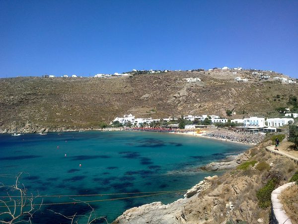 The sheltered bay of Psarou Beach, Mykonos
